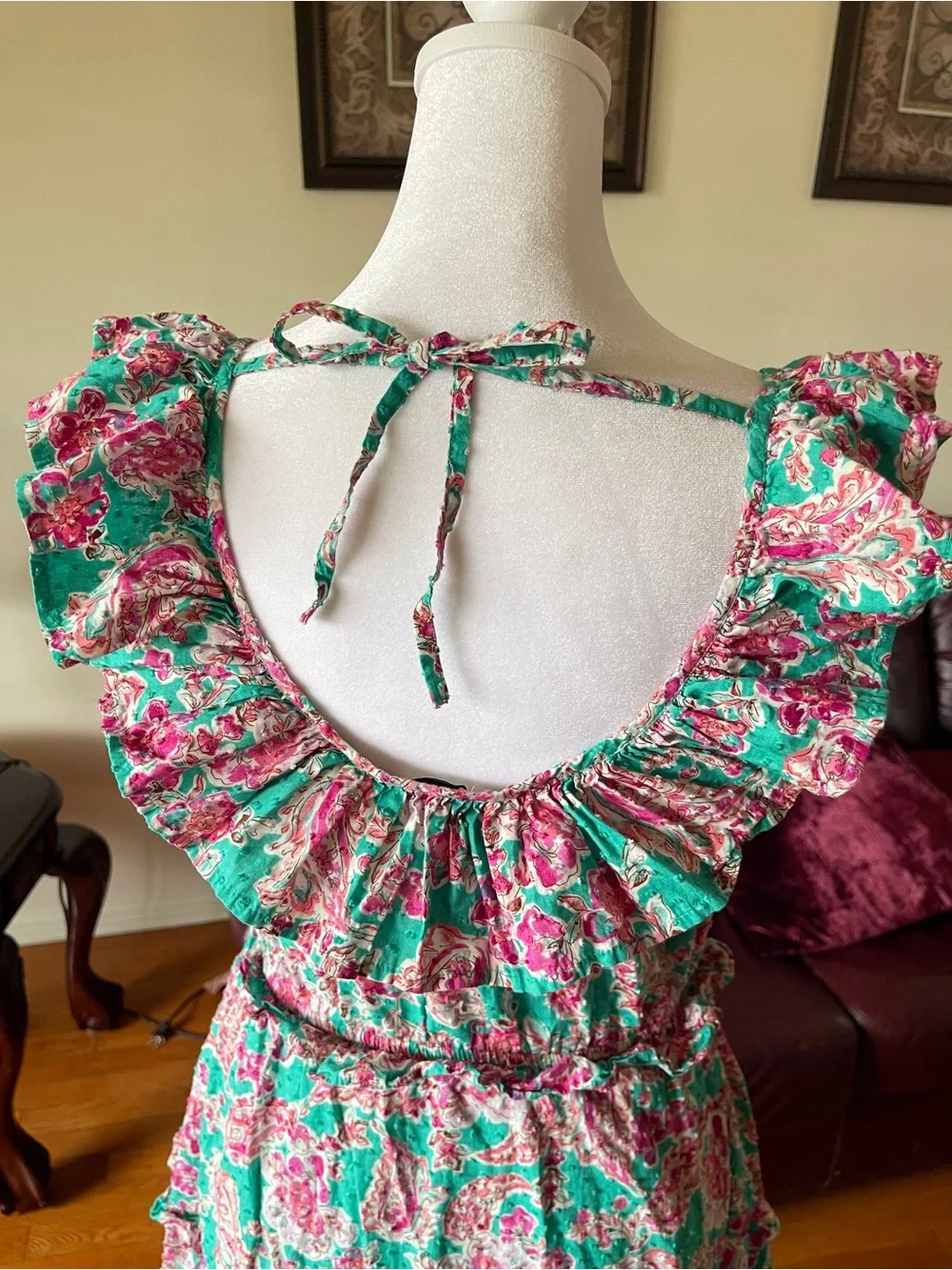 J.Crew Floral Ruffle Midi Dress Green Pink Cottagecore Garden Party Size 2